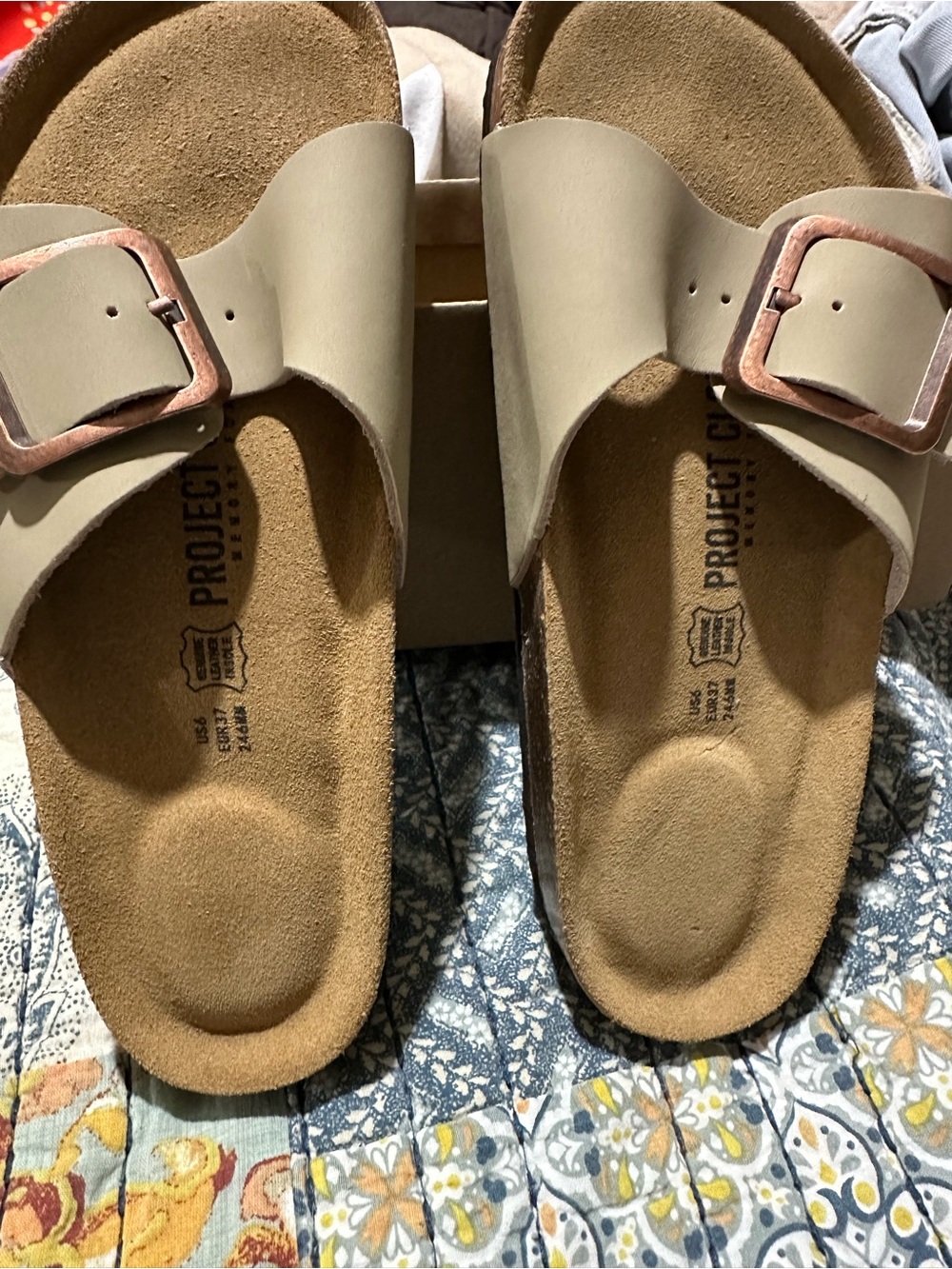 Project Open-Toe Taupe Slide Sandals with Buckle